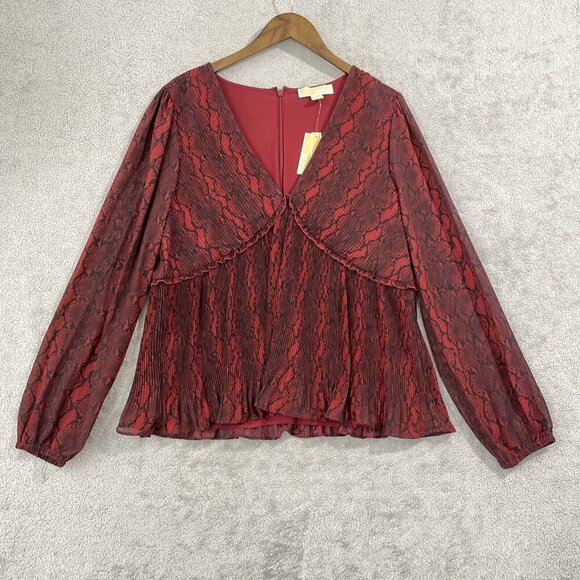 NEW Michael Kors Womens Animal Printed Pleated Top Rhubarb L - Picture 2 of 10
